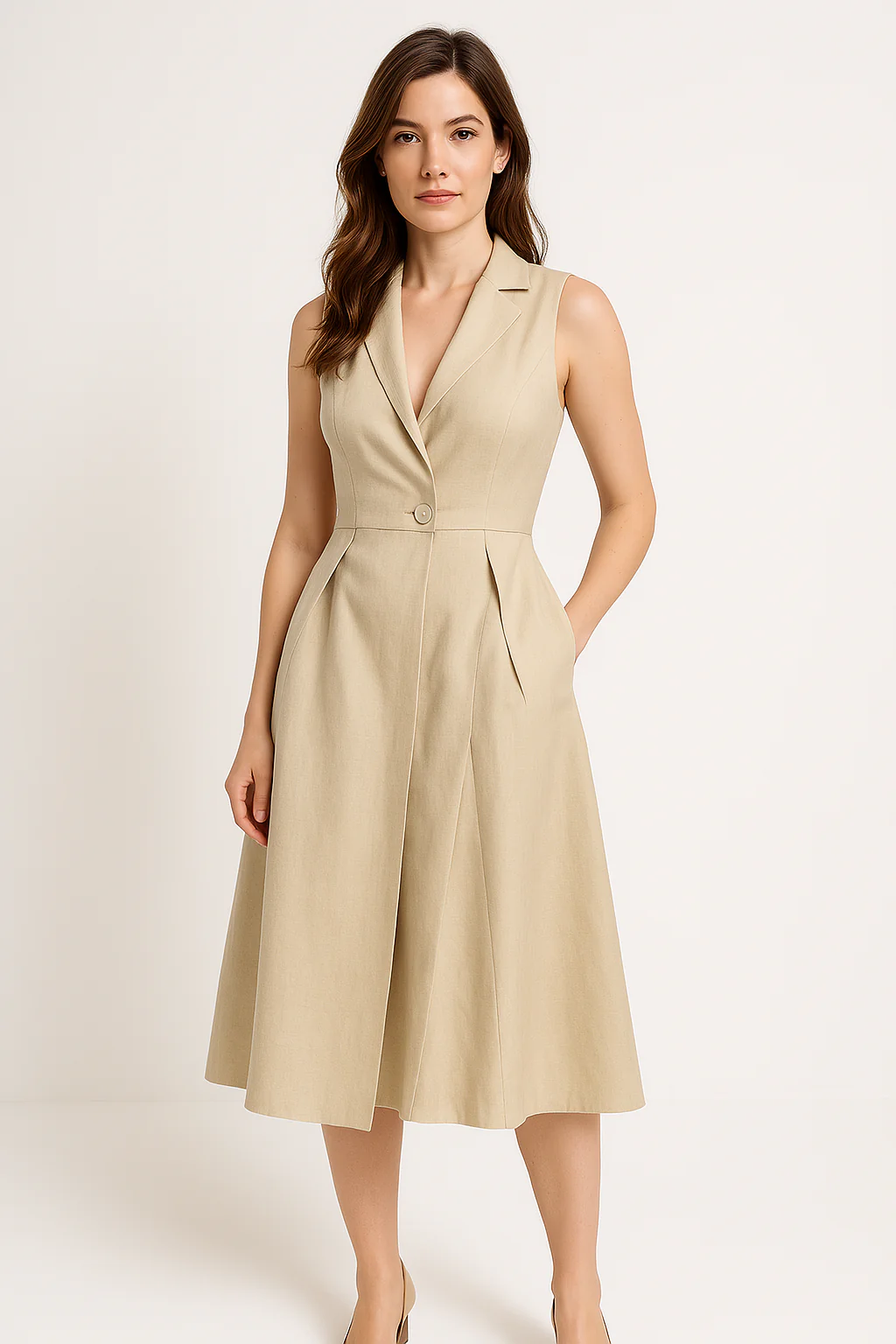 Women's midi dress – V-neck – Fitted bodice – Linen cotton mix – Sleeveless flared model - Image 2