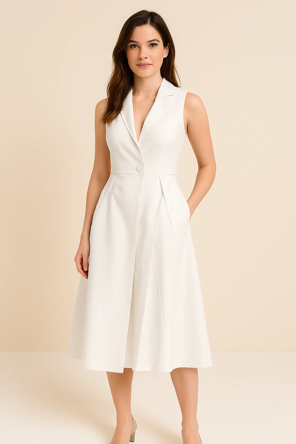 Women's midi dress – V-neck – Fitted bodice – Linen cotton mix – Sleeveless flared model - Image 3
