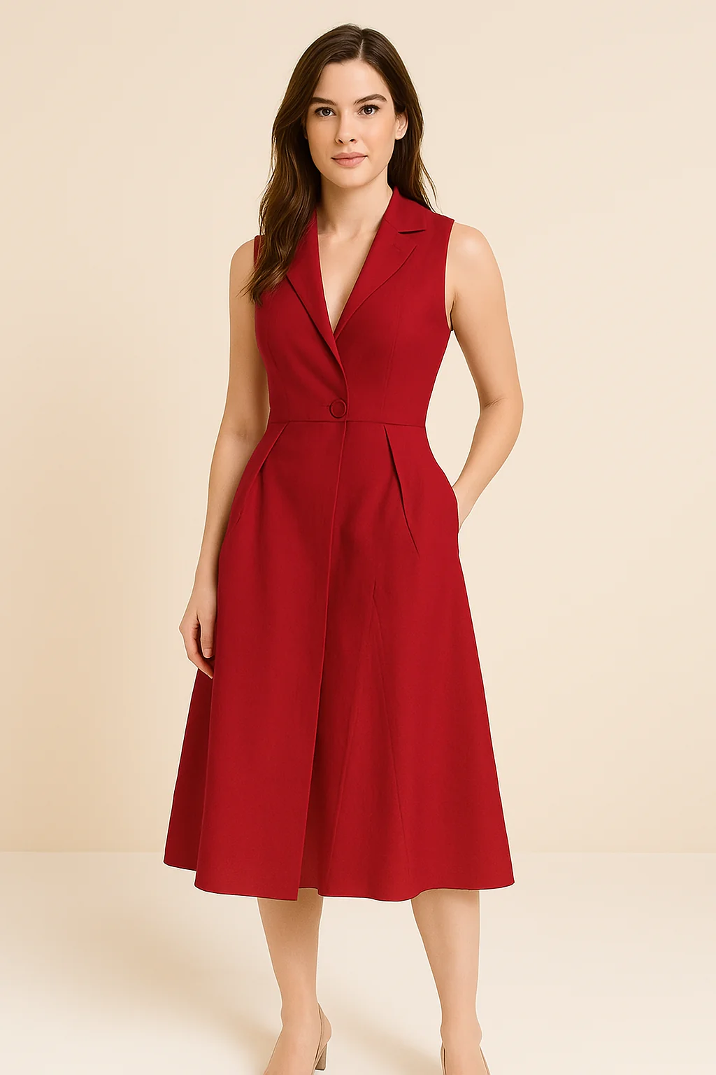 Women's midi dress – V-neck – Fitted bodice – Linen cotton mix – Sleeveless flared model - Image 4