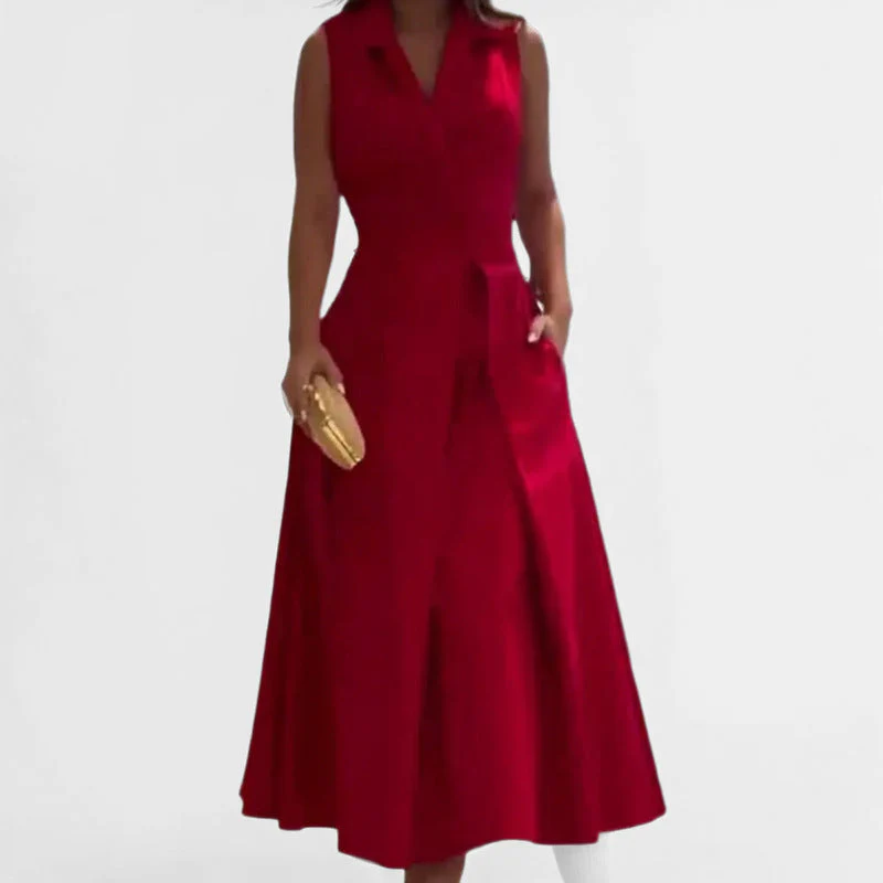 Women's midi dress – V-neck – Fitted bodice – Linen cotton mix – Sleeveless flared model - Image 8