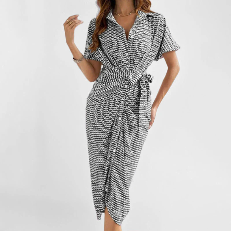 Women's Midi Dress – V-neck – Button Closure – Belt – Short Sleeves – Breathable - Image 2