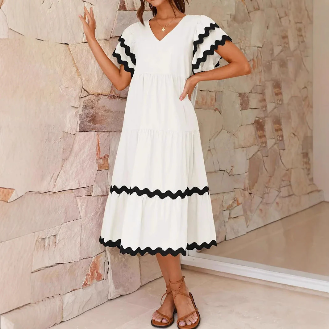 Women's Midi Dress – V-Neck – Loose-Fitting Style – Tiered Skirt – Airy Fabric - Image 2