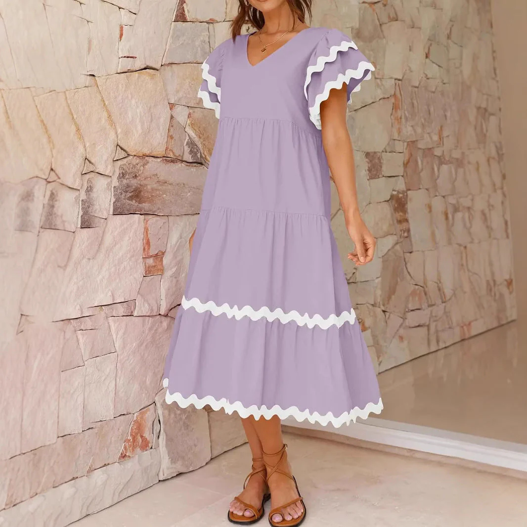 Women's Midi Dress – V-Neck – Loose-Fitting Style – Tiered Skirt – Airy Fabric - Image 3