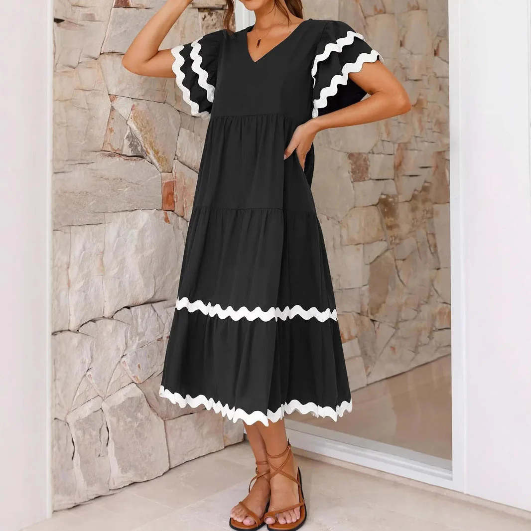 Women's Midi Dress – V-Neck – Loose-Fitting Style – Tiered Skirt – Airy Fabric - Image 4