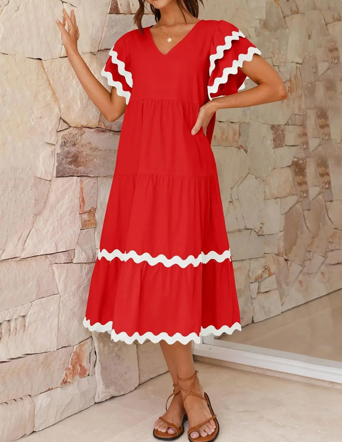 Women's Midi Dress – V-Neck – Loose-Fitting Style – Tiered Skirt – Airy Fabric - Image 5
