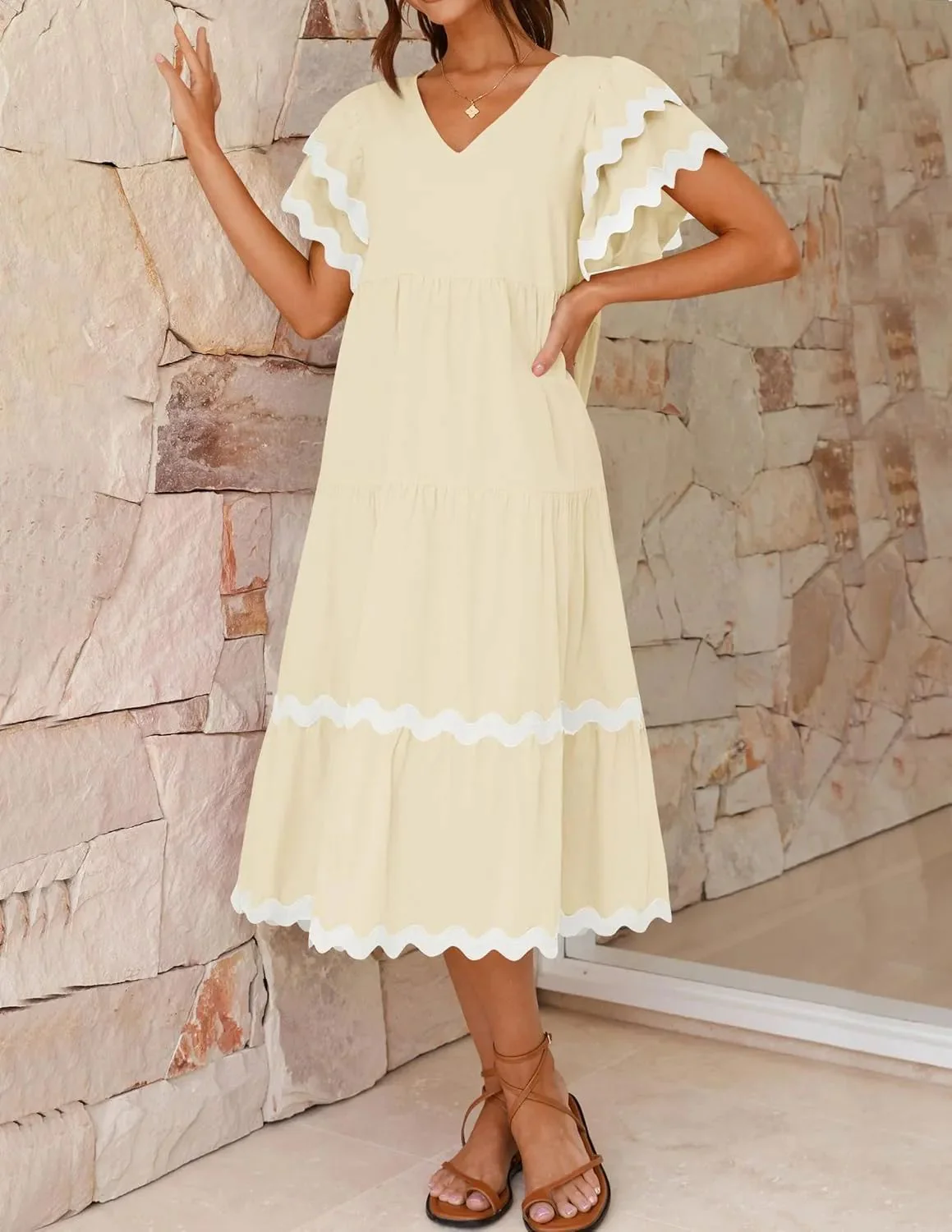 Women's Midi Dress – V-Neck – Loose-Fitting Style – Tiered Skirt – Airy Fabric - Image 6