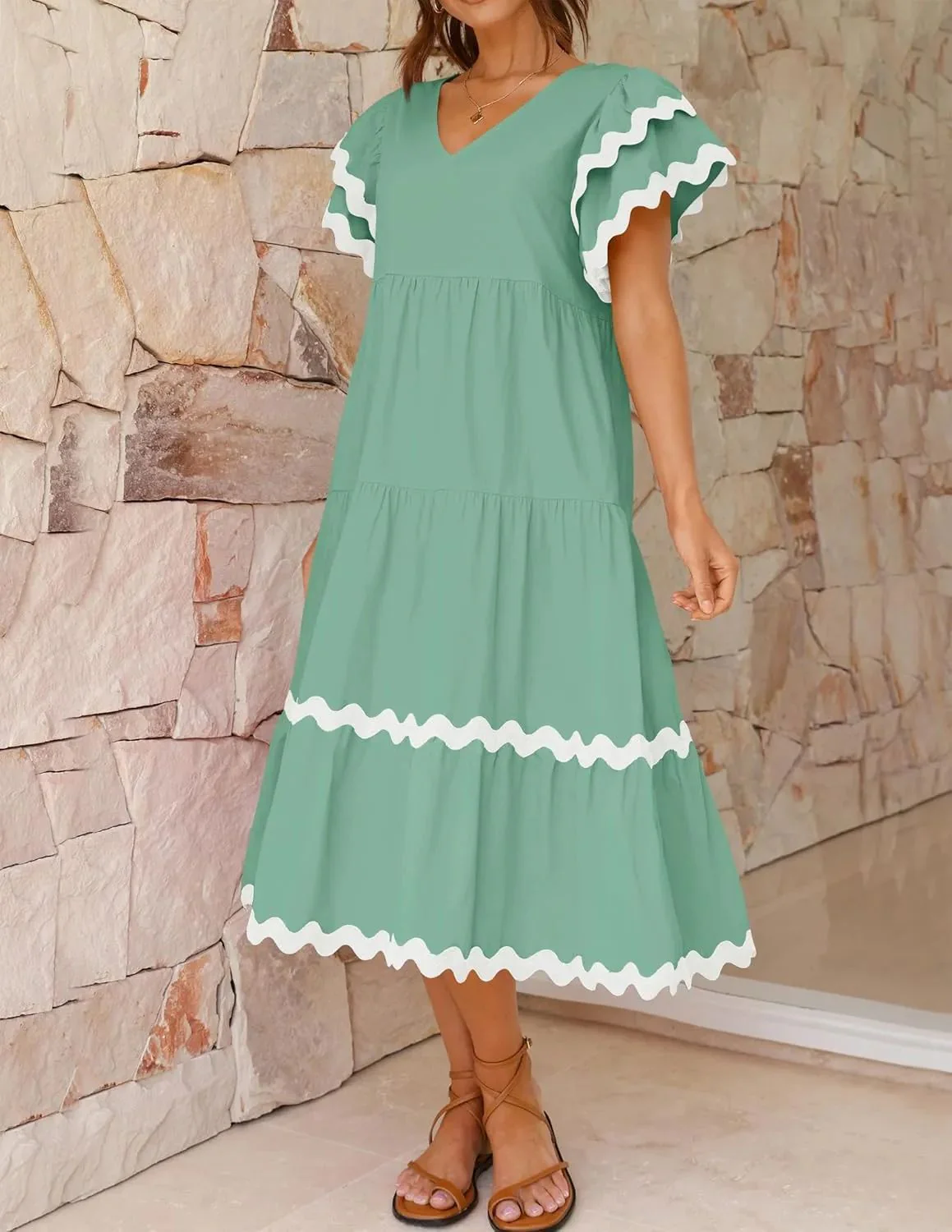 Women's Midi Dress – V-Neck – Loose-Fitting Style – Tiered Skirt – Airy Fabric - Image 7