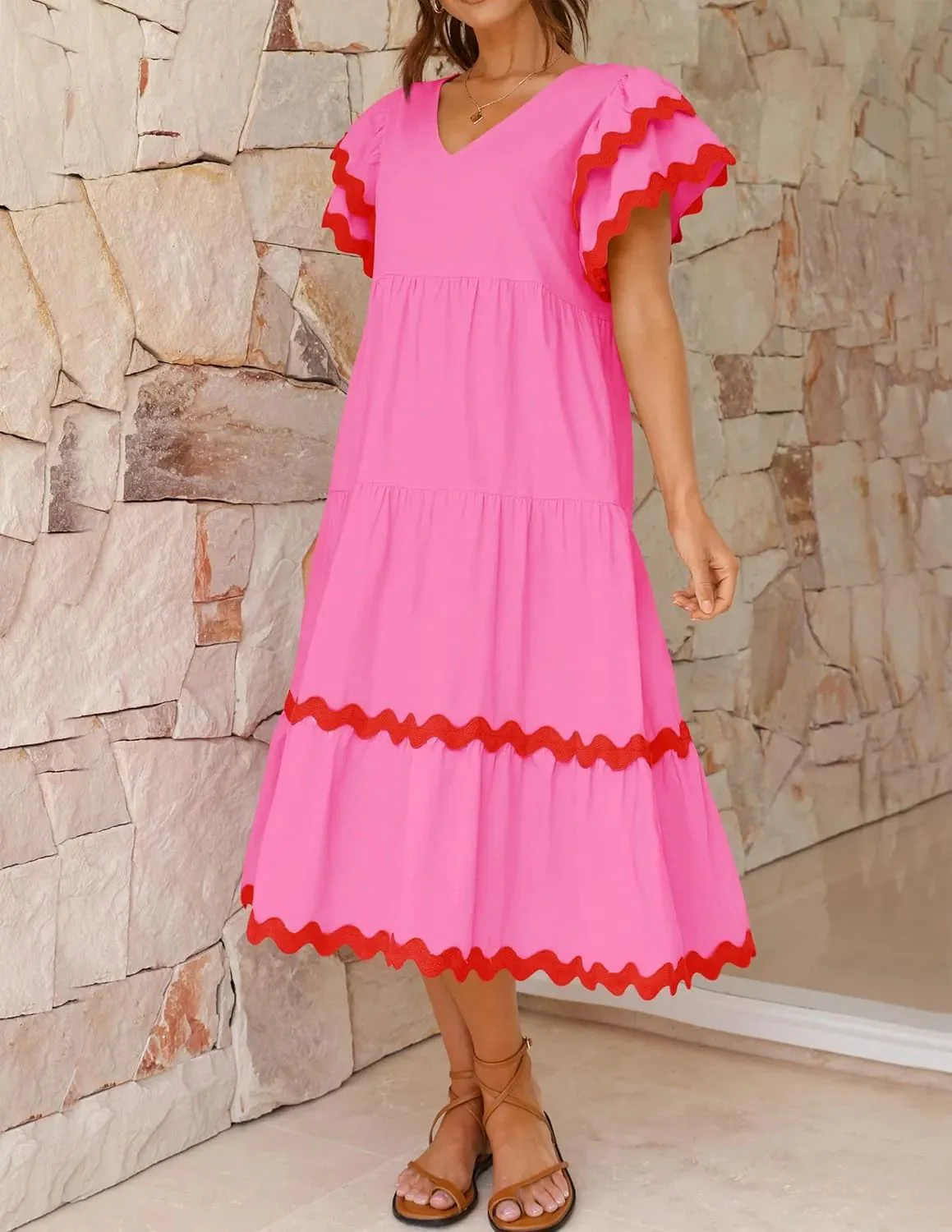 Women's Midi Dress – V-Neck – Loose-Fitting Style – Tiered Skirt – Airy Fabric - Image 8