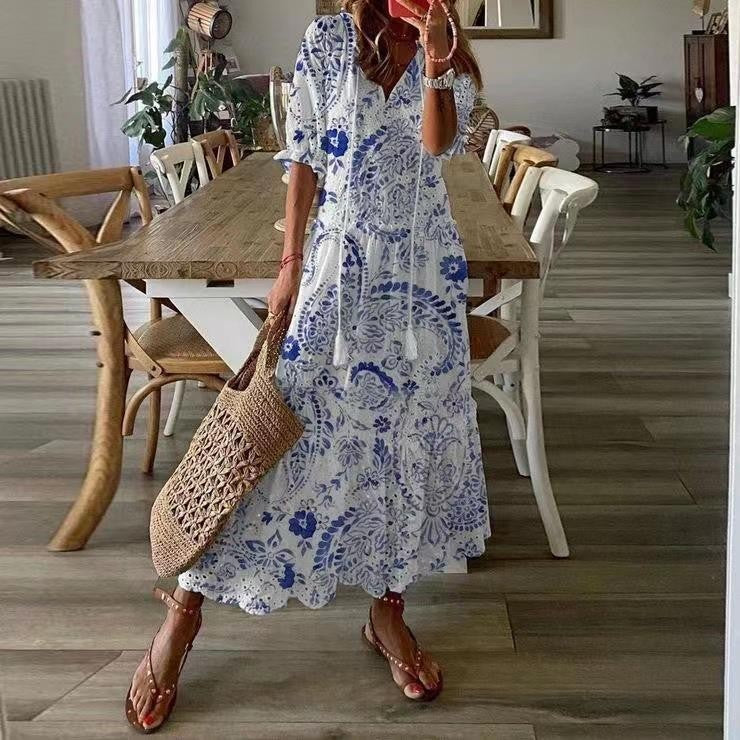 Women's Midi Dress – V-neck – Relaxed Fit – Cotton – Short Sleeve – Cutwork Details - Image 3