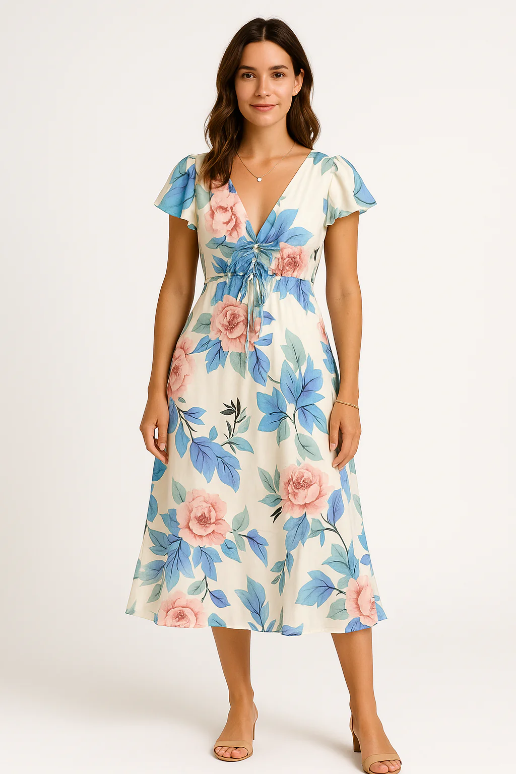 Women's Midi Dress – V-Neck – Ruffled Sleeves – Airy Fabrics – Floral Print - Image 2