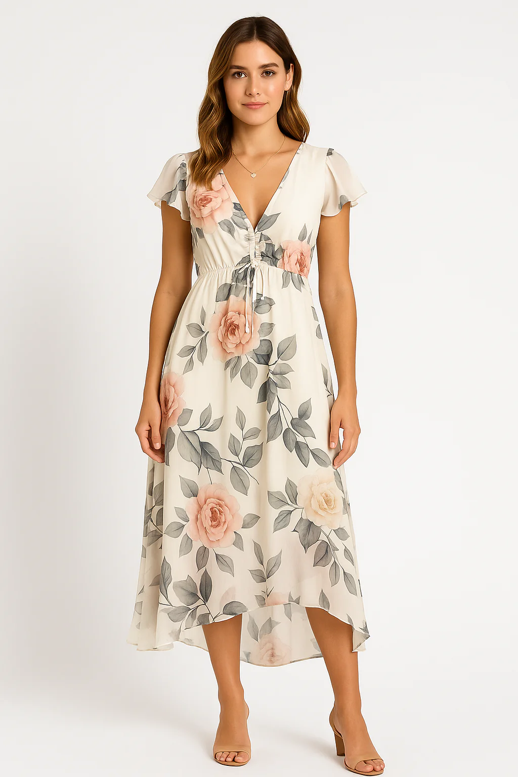 Women's Midi Dress – V-Neck – Ruffled Sleeves – Airy Fabrics – Floral Print - Image 3