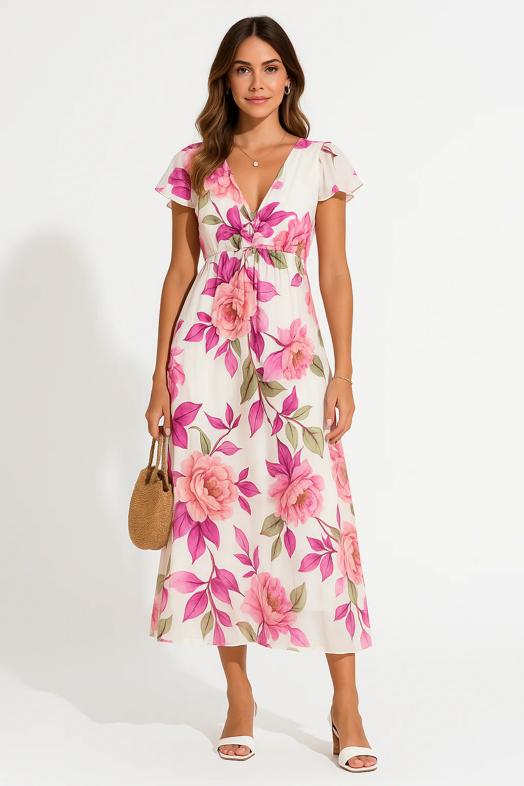 Women's Midi Dress – V-Neck – Ruffled Sleeves – Airy Fabrics – Floral Print - Image 4