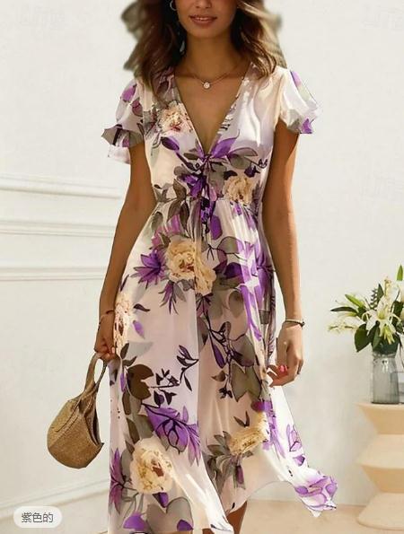 Women's Midi Dress – V-Neck – Ruffled Sleeves – Airy Fabrics – Floral Print - Image 5