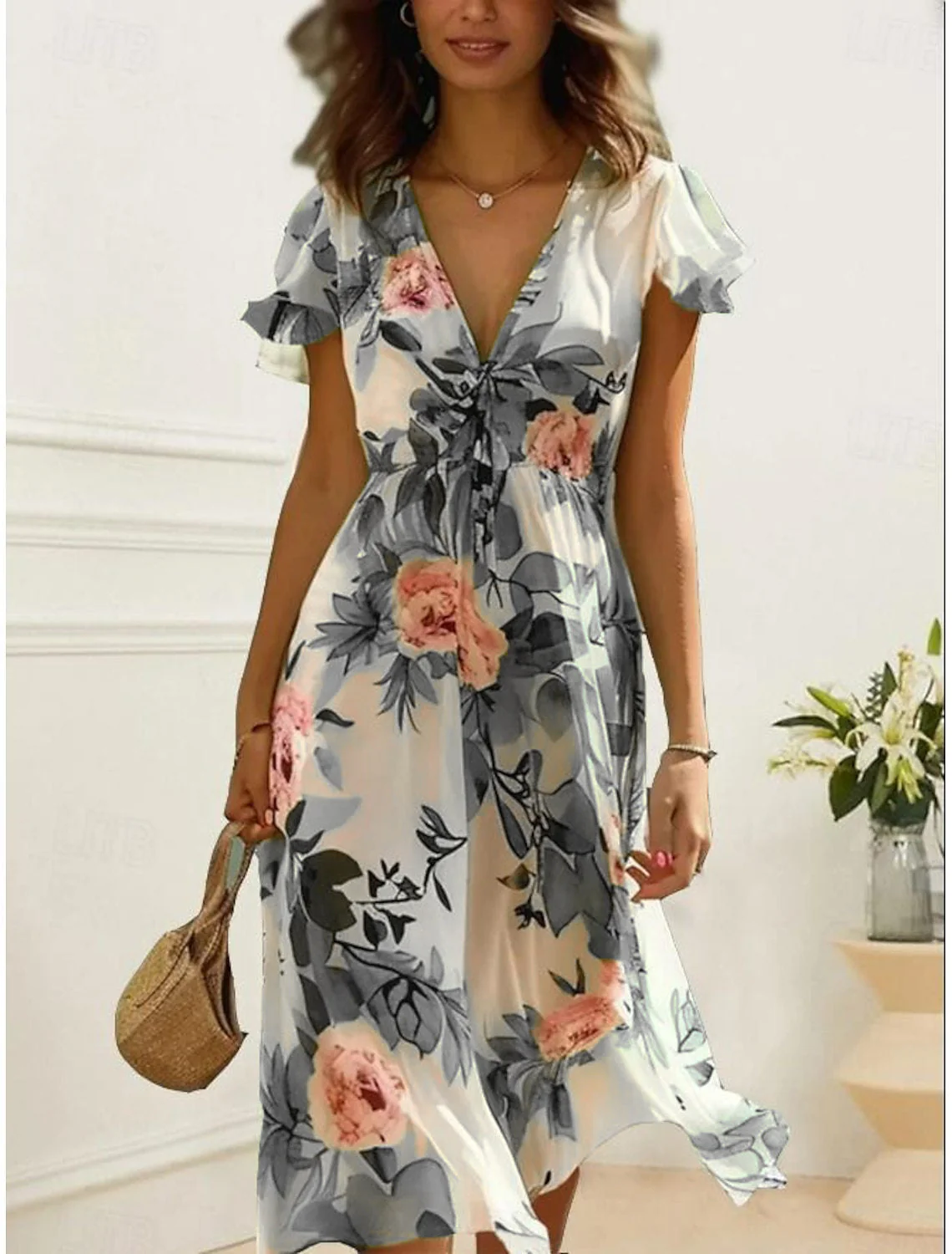 Women's Midi Dress – V-Neck – Ruffled Sleeves – Airy Fabrics – Floral Print - Image 6