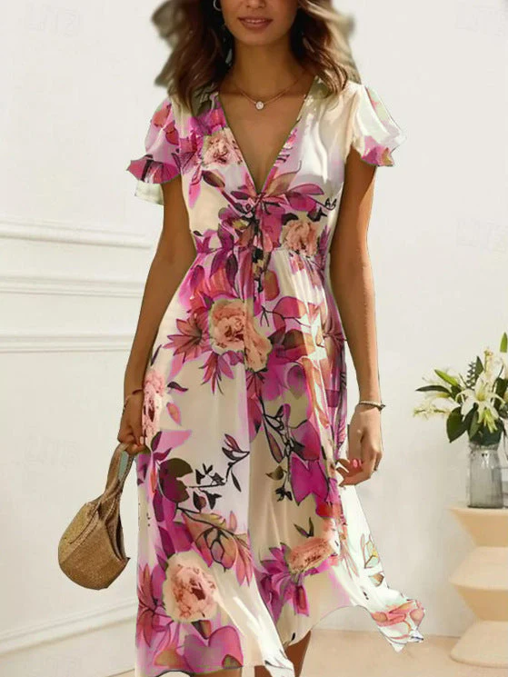 Women's Midi Dress – V-Neck – Ruffled Sleeves – Airy Fabrics – Floral Print - Image 7