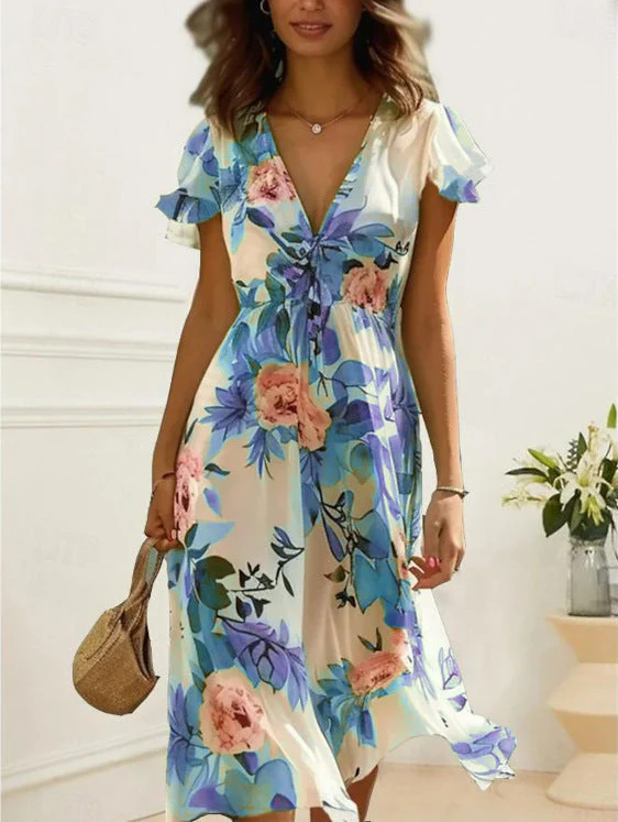 Women's Midi Dress – V-Neck – Ruffled Sleeves – Airy Fabrics – Floral Print - Image 8