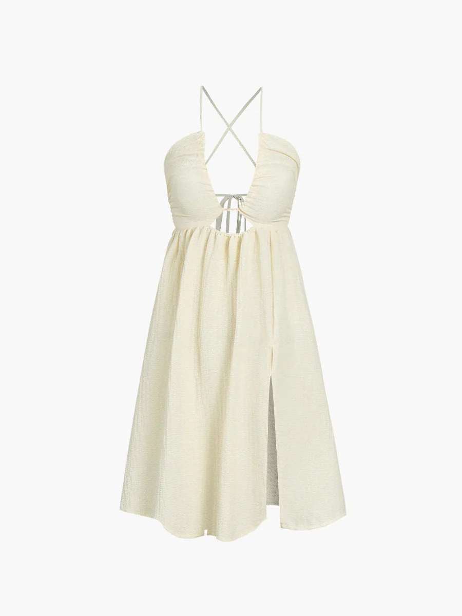 Women's midi dress – V-neck – Spaghetti straps – Cut-out – High slit – Cotton blend - Image 3