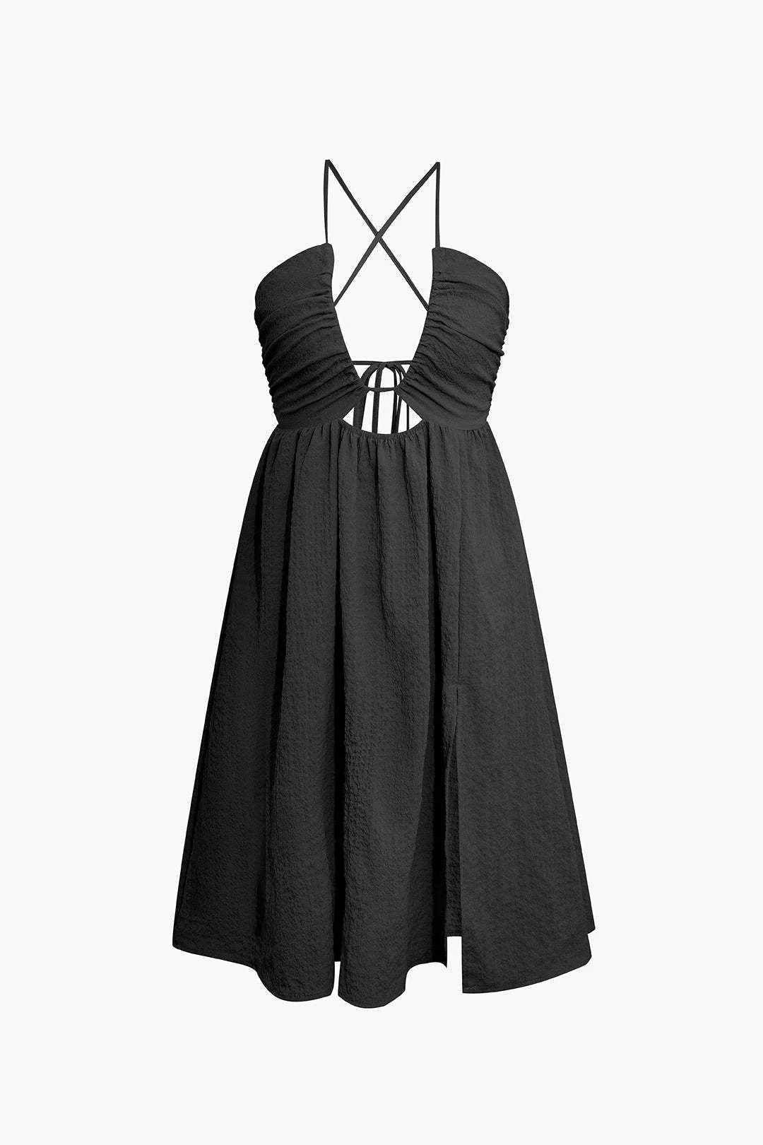 Women's midi dress – V-neck – Spaghetti straps – Cut-out – High slit – Cotton blend - Image 4
