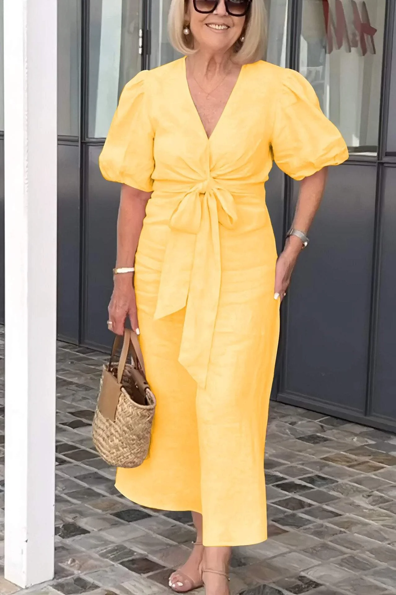 Women's midi dress – V-neck – Waist tie – Puff sleeve – Relaxed fit – Natural fibers - Image 4
