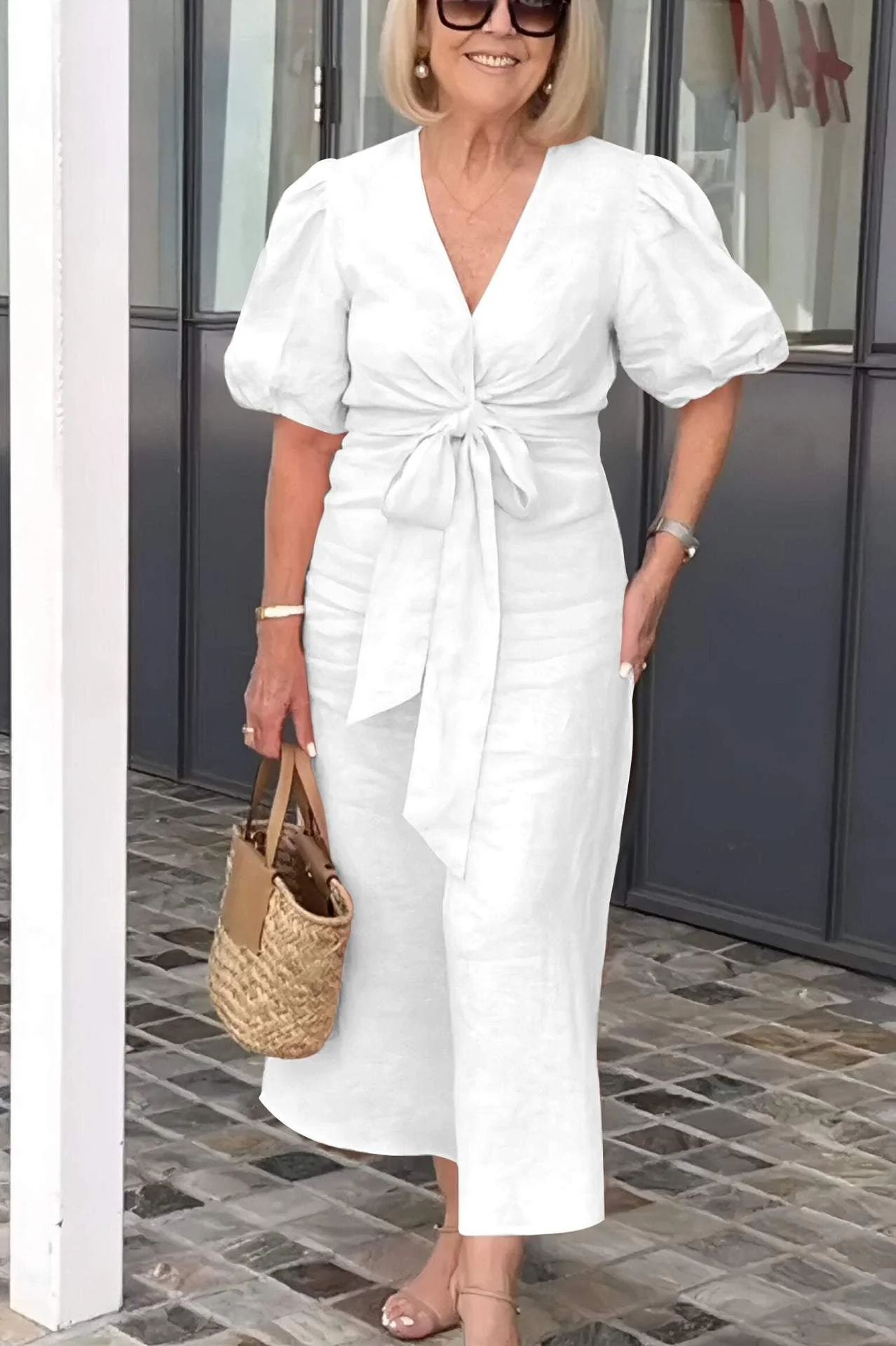 Women's midi dress – V-neck – Waist tie – Puff sleeve – Relaxed fit – Natural fibers - Image 5