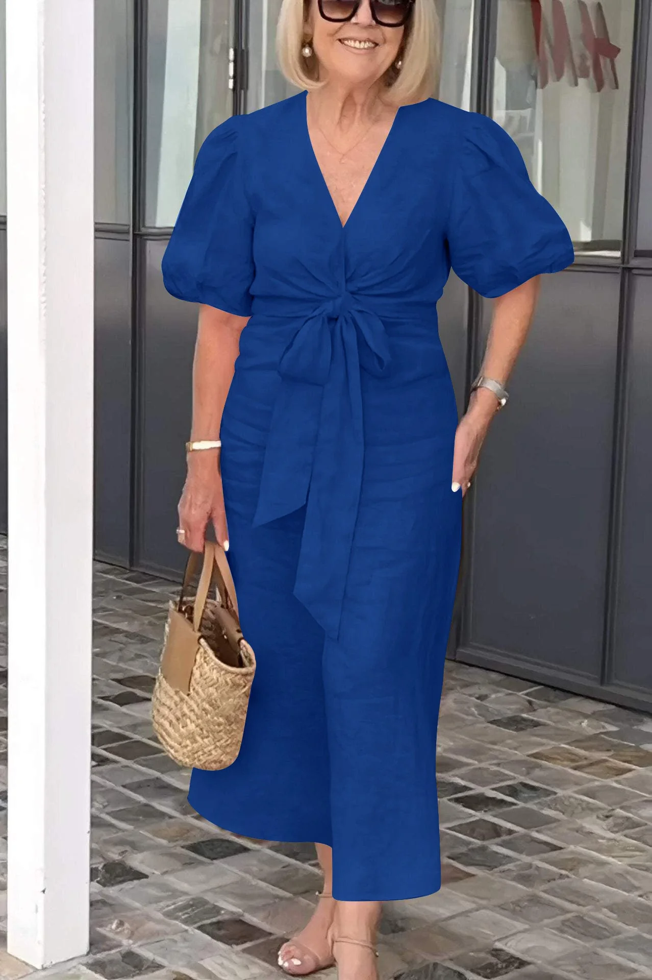 Women's midi dress – V-neck – Waist tie – Puff sleeve – Relaxed fit – Natural fibers - Image 6