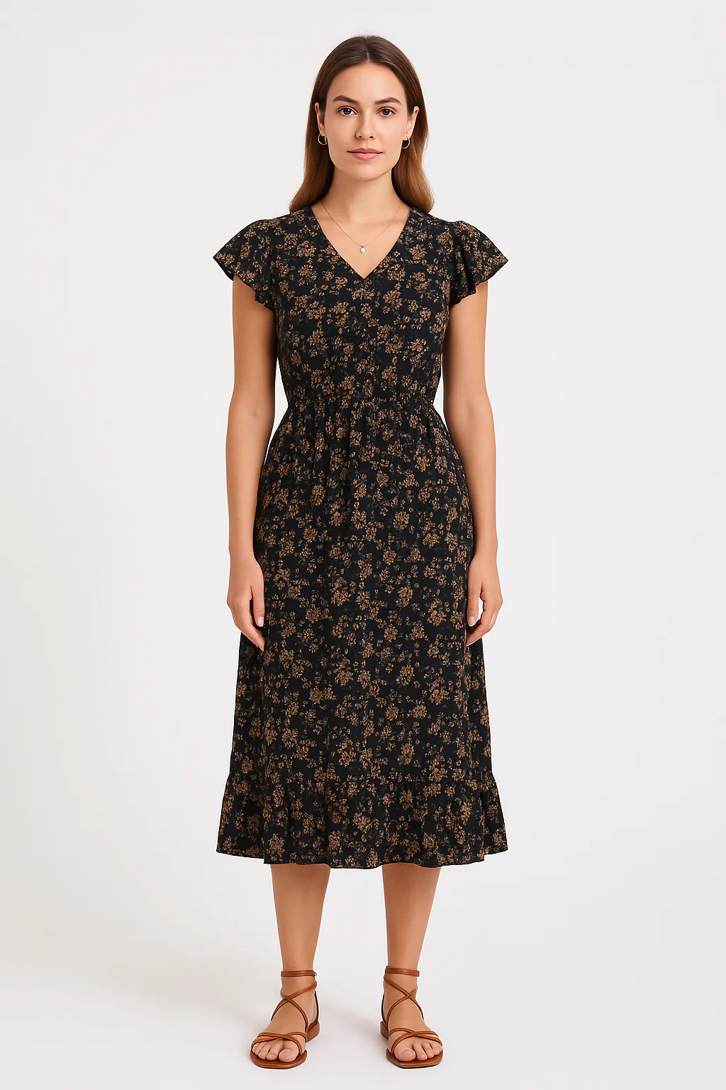 Women's midi dress – V-neck – Butterfly sleeves – Ruffled hem – Relaxed fit - Image 2