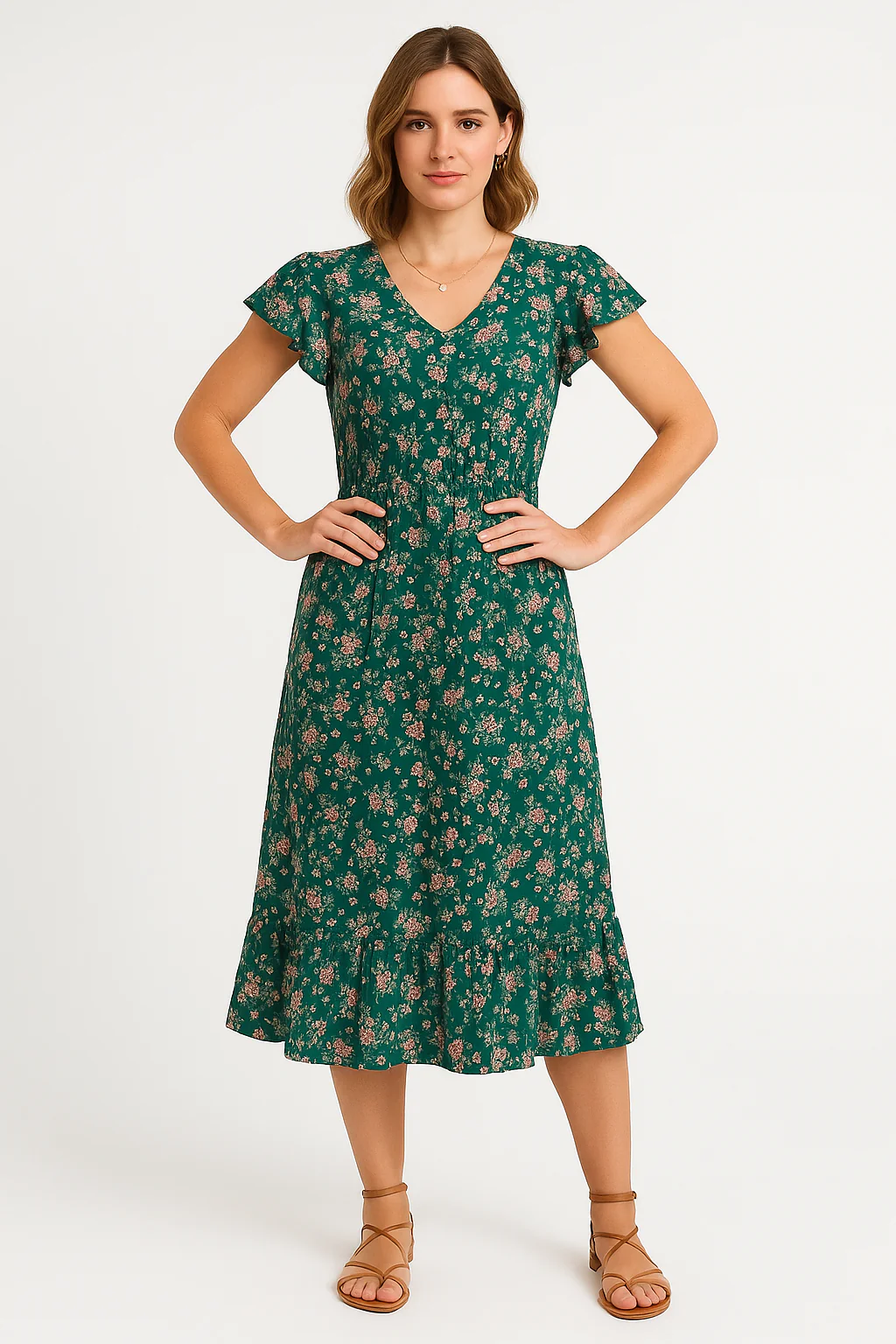 Women's midi dress – V-neck – Butterfly sleeves – Ruffled hem – Relaxed fit - Image 3