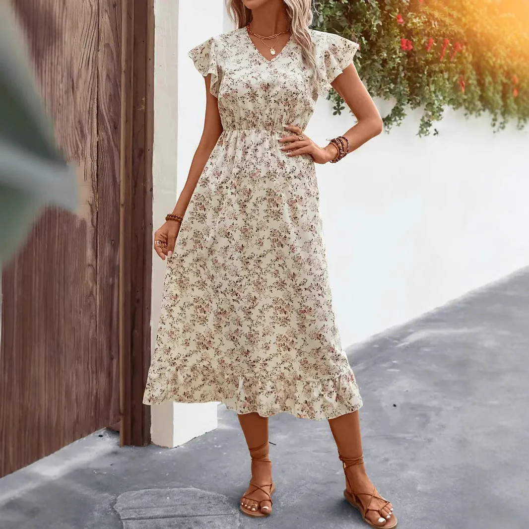 Women's midi dress – V-neck – Butterfly sleeves – Ruffled hem – Relaxed fit - Image 4