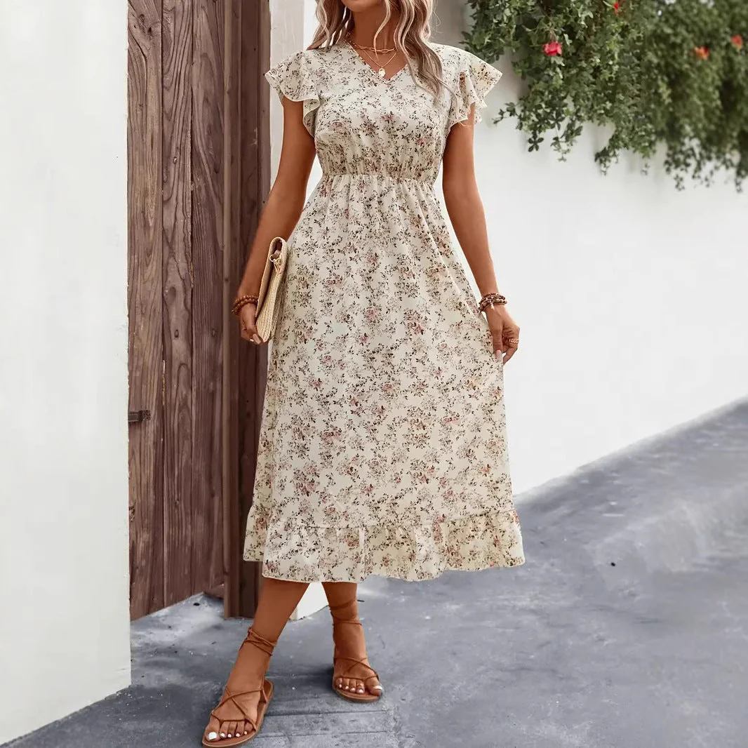 Women's midi dress – V-neck – Butterfly sleeves – Ruffled hem – Relaxed fit - Image 5