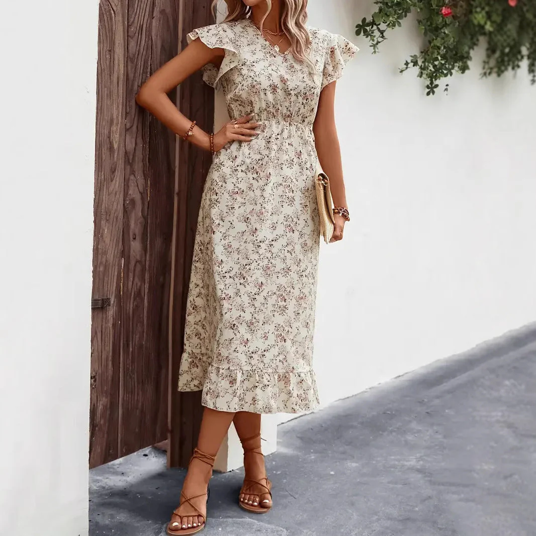 Women's midi dress – V-neck – Butterfly sleeves – Ruffled hem – Relaxed fit - Image 6