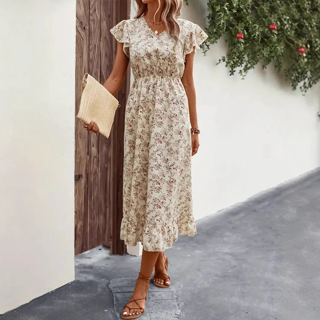 Women's midi dress – V-neck – Butterfly sleeves – Ruffled hem – Relaxed fit - Image 7