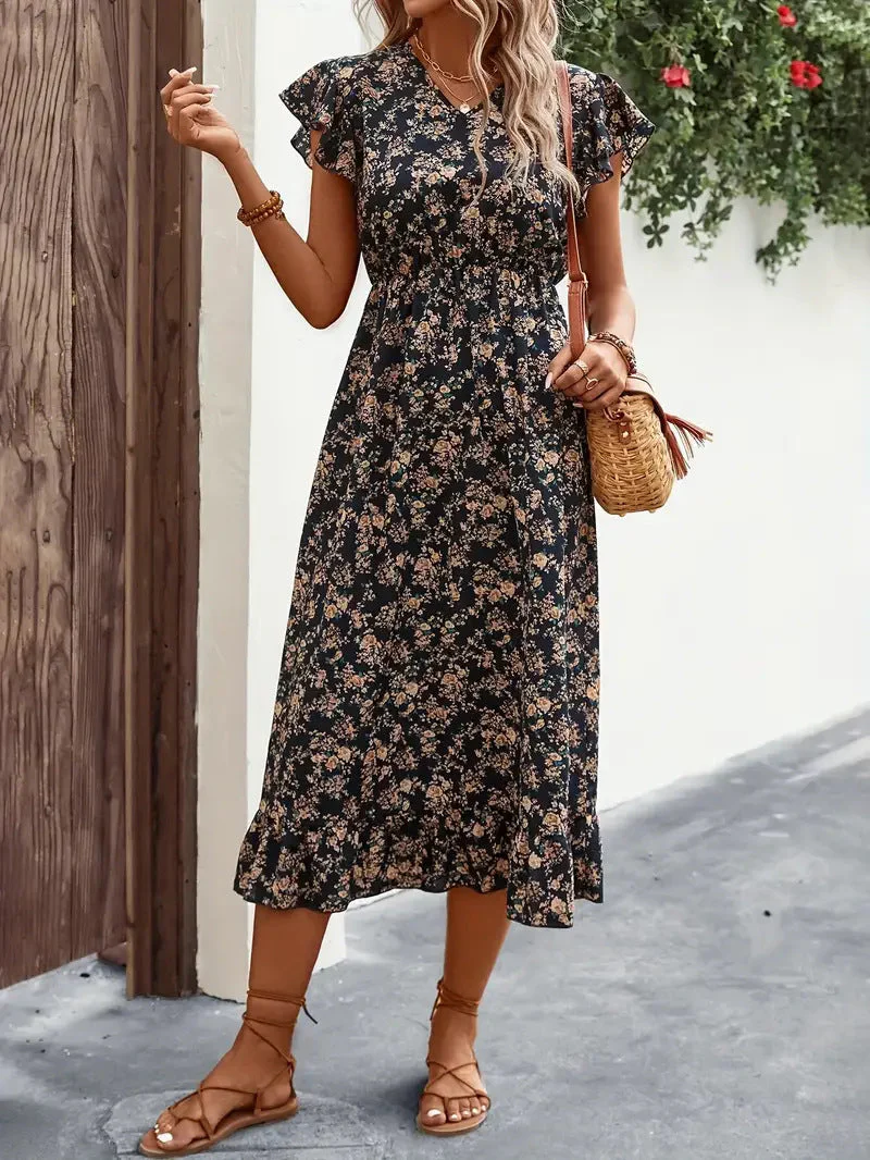 Women's midi dress – V-neck – Butterfly sleeves – Ruffled hem – Relaxed fit - Image 8