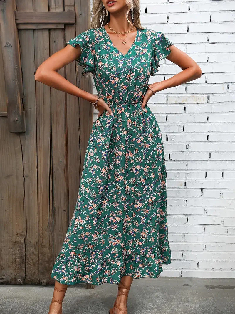 Women's midi dress – V-neck – Butterfly sleeves – Ruffled hem – Relaxed fit - Image 9
