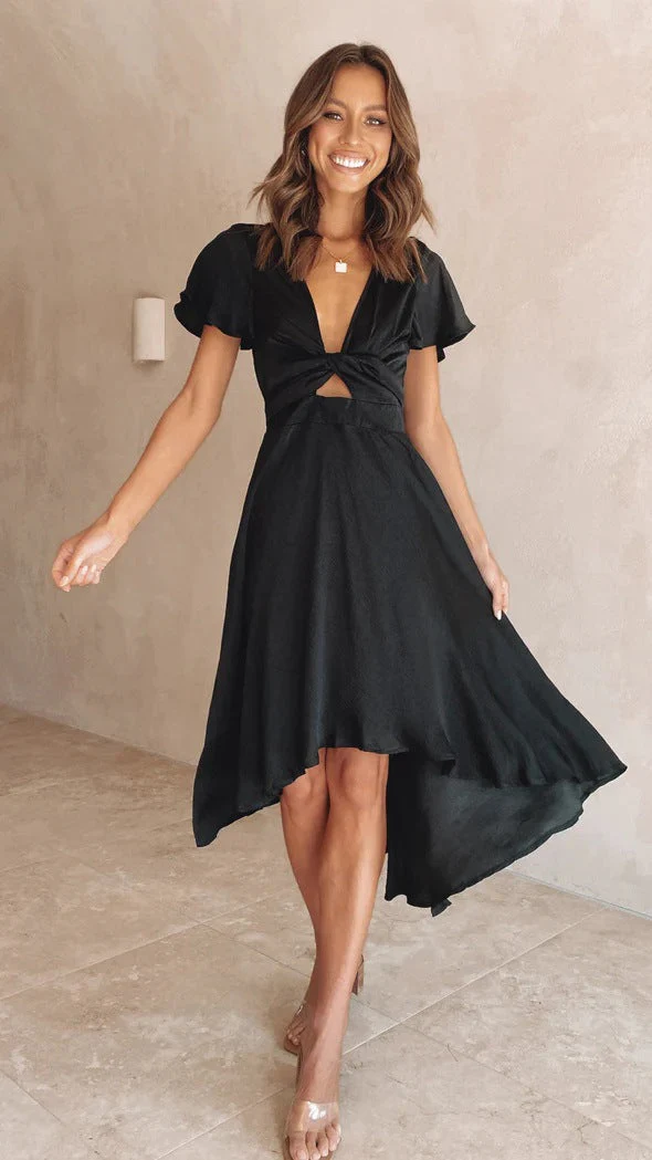 Women's Midi Dress – V-neck – Butterfly Sleeves – Tie Waist – Asymmetrical Hem – Airy Fabric - Image 3