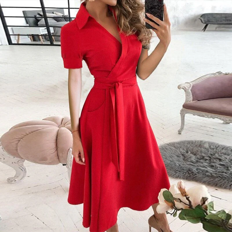 Women's Midi Dress – Wrap Style – A-line – Breathable Material – Short Sleeves - Image 2
