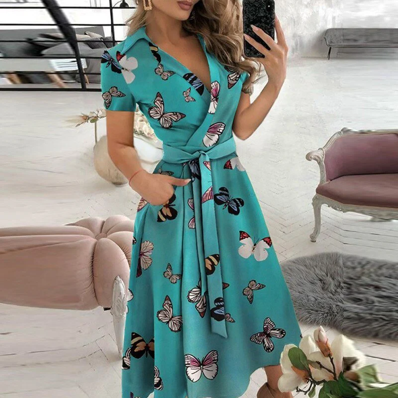 Women's Midi Dress – Wrap Style – A-line – Breathable Material – Short Sleeves - Image 3