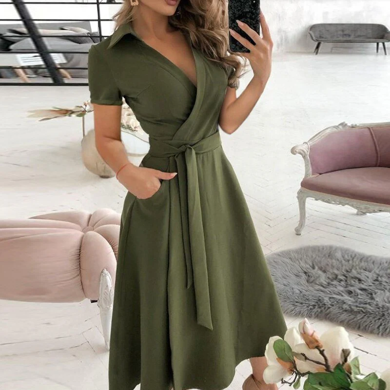 Women's Midi Dress – Wrap Style – A-line – Breathable Material – Short Sleeves - Image 4
