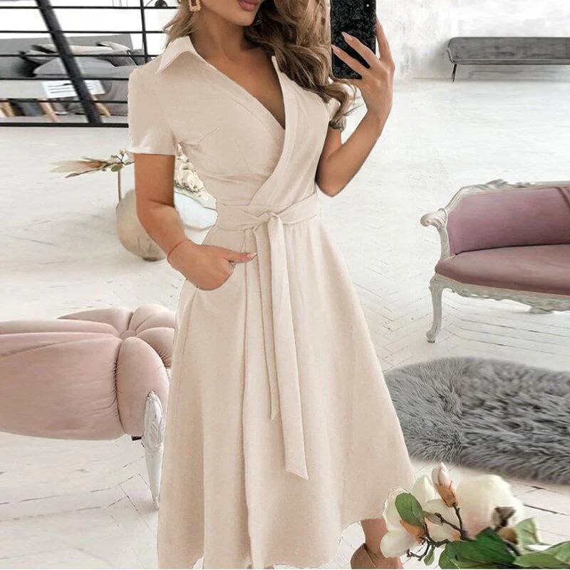 Women's Midi Dress – Wrap Style – A-line – Breathable Material – Short Sleeves - Image 5