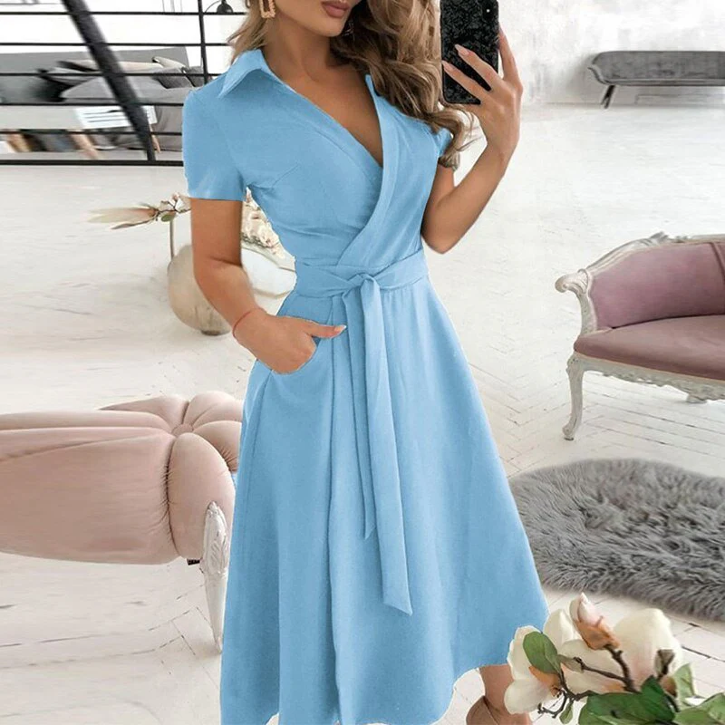 Women's Midi Dress – Wrap Style – A-line – Breathable Material – Short Sleeves - Image 6