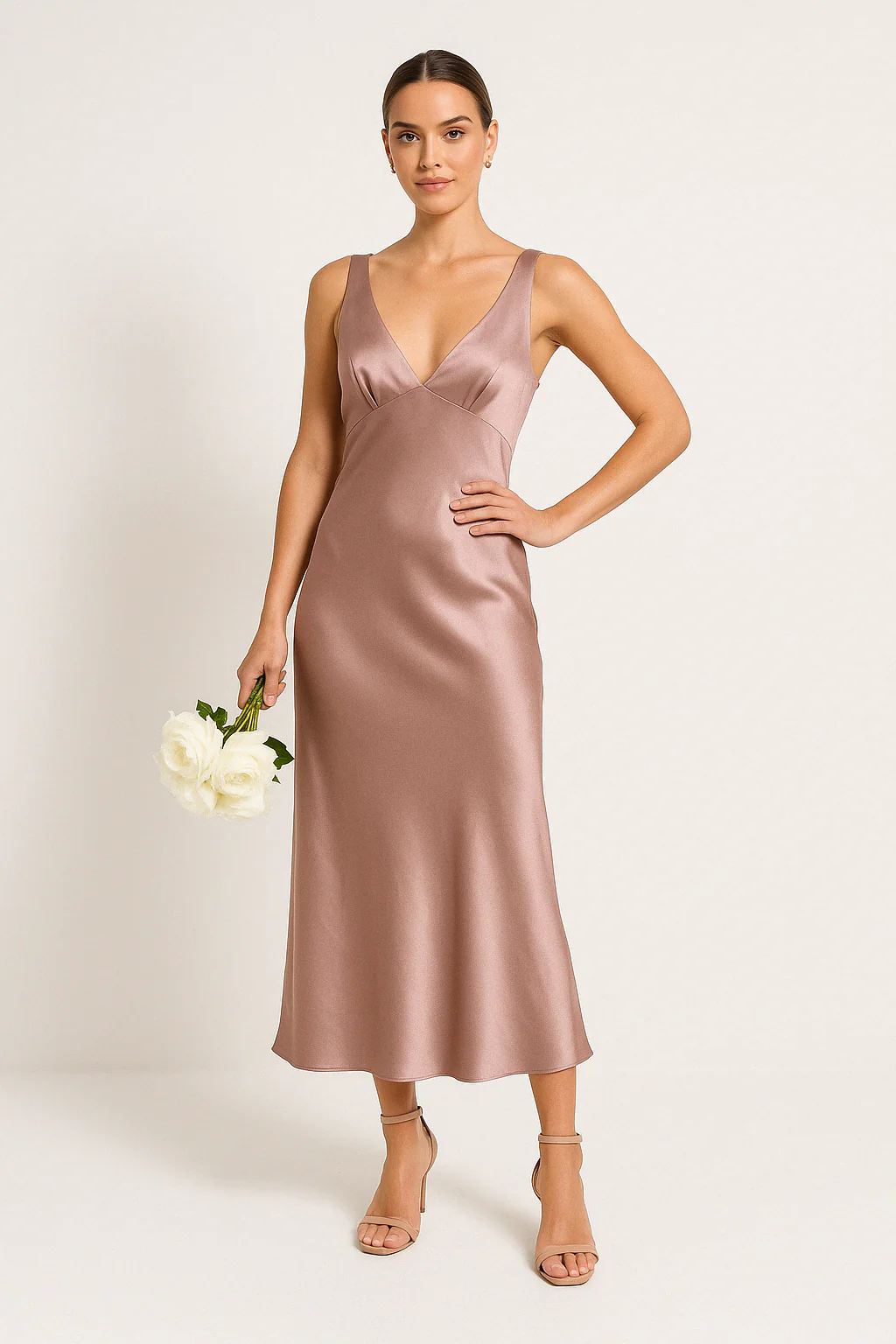 Women's Midi Dress – Silky Satin – Slim Fit – Deep V-Neck – Open Back – Spaghetti Straps - Image 2