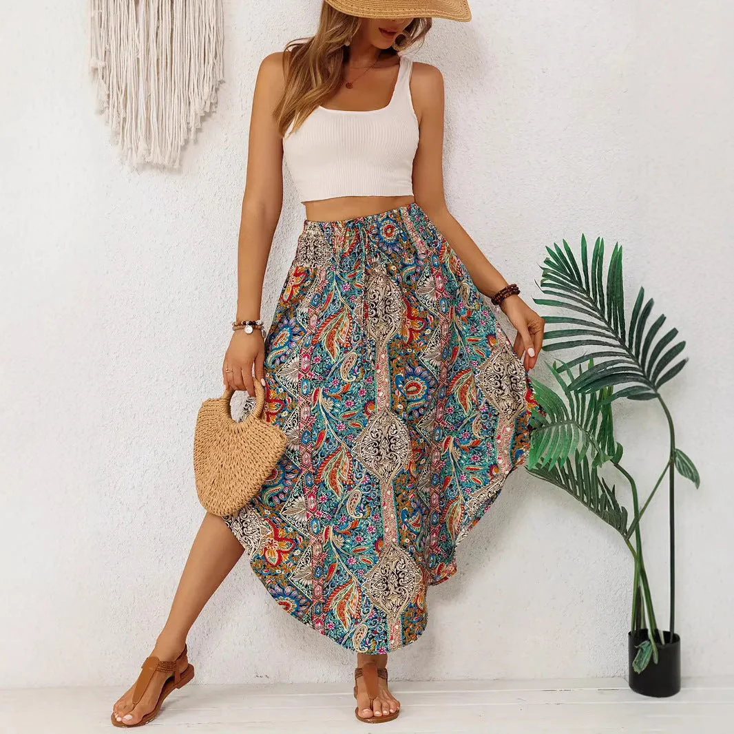 Women's midi skirt – High waist – A-line fit – Asymmetrical – Exotic print – Drawstring closure - Image 2