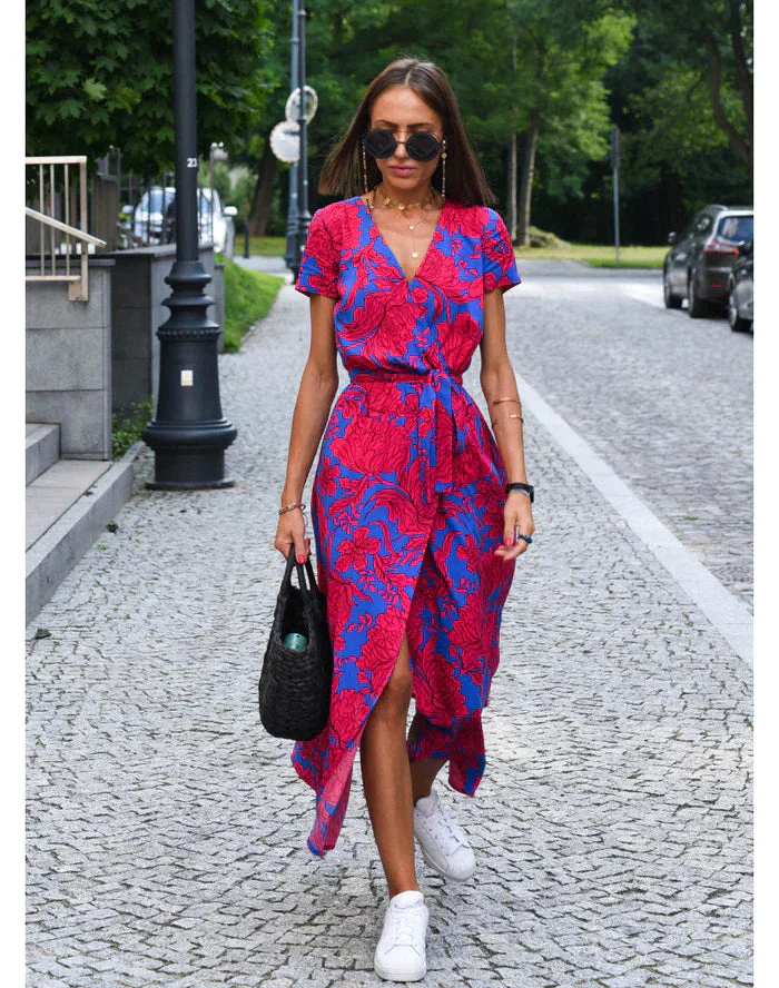 Ladies Midi Wrap Dress – V-neck – Short Sleeves – Self-tie Waist – Airy Fabric - Image 3