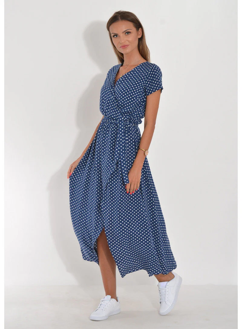 Ladies Midi Wrap Dress – V-neck – Short Sleeves – Self-tie Waist – Airy Fabric - Image 4