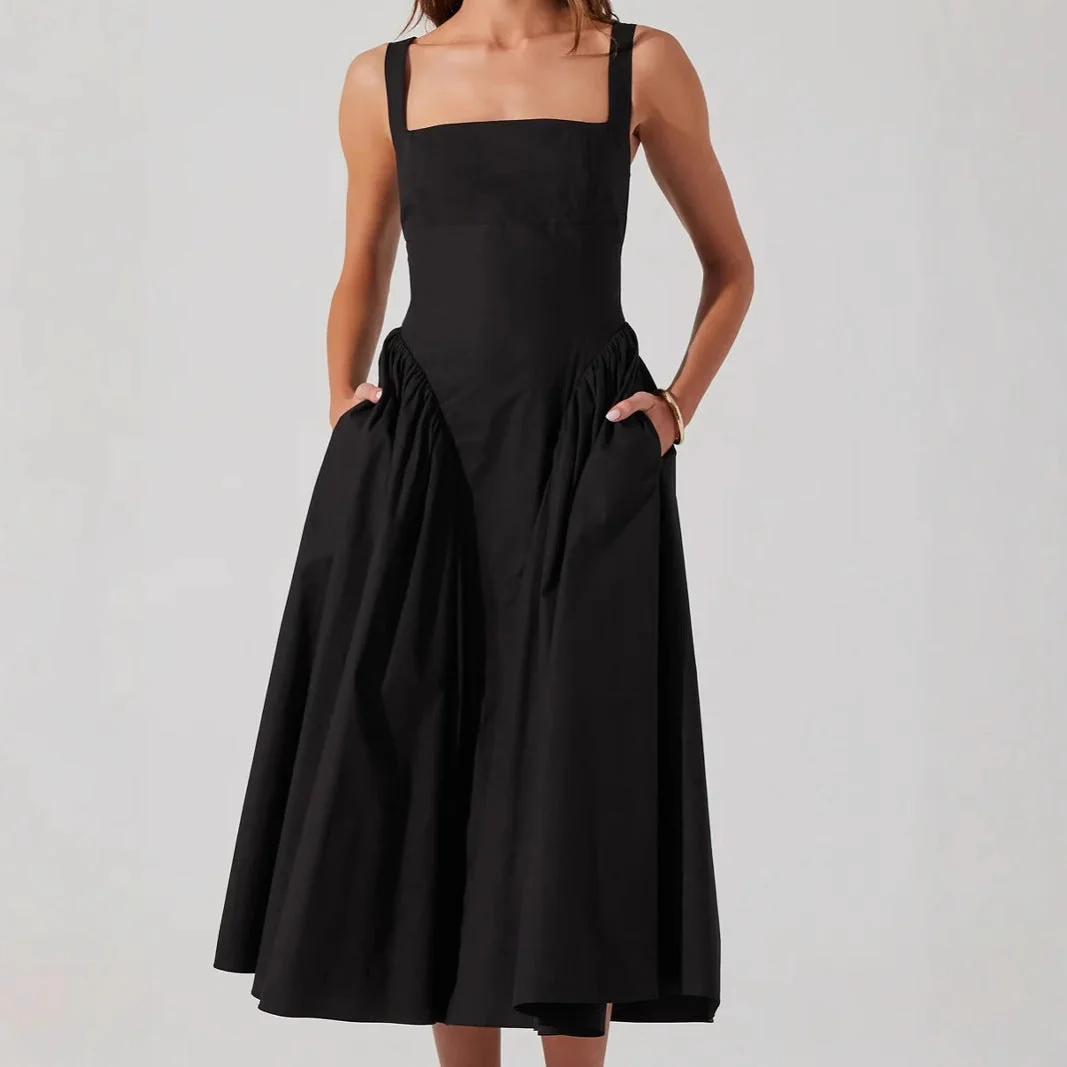Women's Midi Dress – A-line Fit – Open Back with Bow – Square Neck – Airy Fabric - Image 2