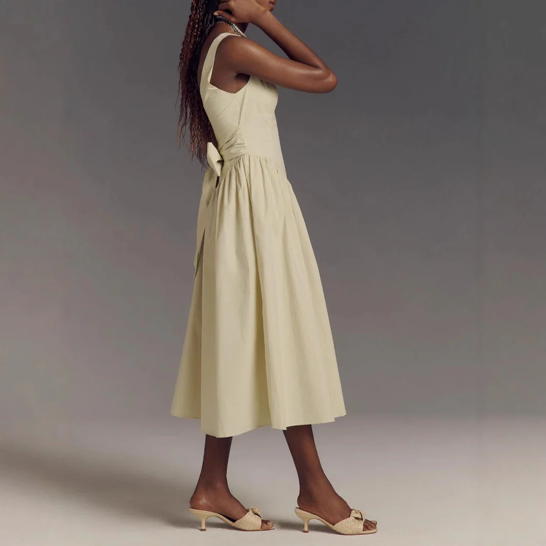Women's Midi Dress – A-line Fit – Open Back with Bow – Square Neck – Airy Fabric - Image 3