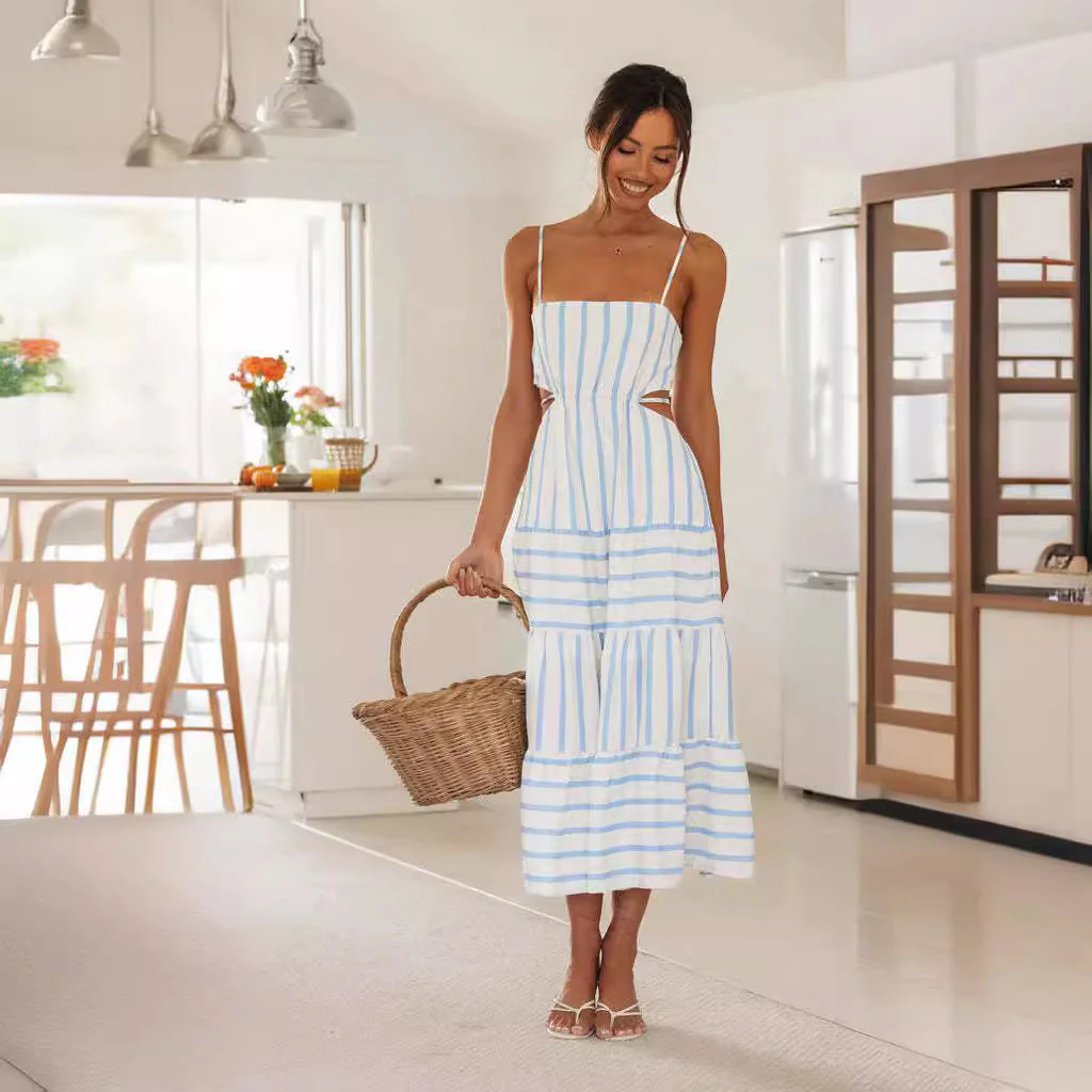 Ladies Midi Dress – A-line Fit – Spaghetti Straps – Open Waist – Layered Skirt - Image 2