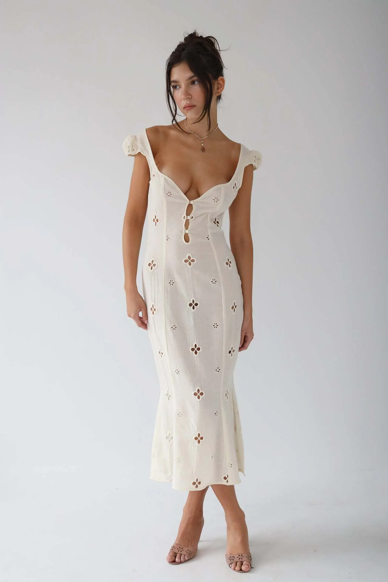 Women's Midi Dress – Fitted Model – Natural Fabrics – Embroidered Details – V-Neck - Image 2