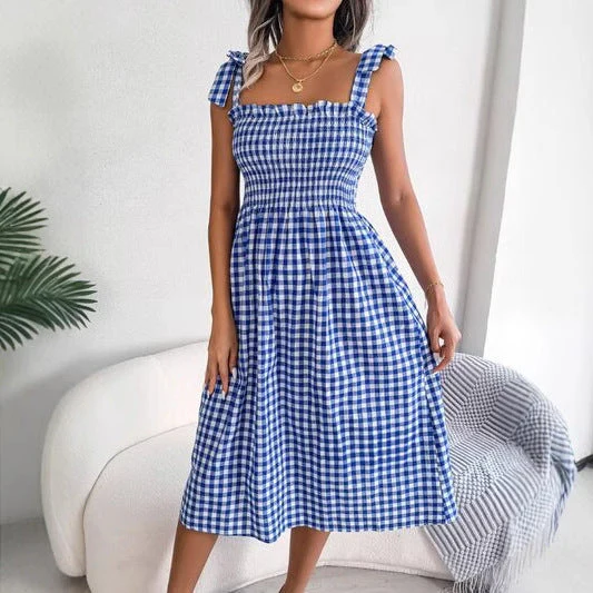 Ladies Midi Dress – Slim Fit – Checked Print – Smocked Bodice – Tie Strap Shoulders - Image 2