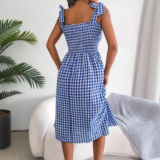 Ladies Midi Dress – Slim Fit – Checked Print – Smocked Bodice – Tie Strap Shoulders - Image 3