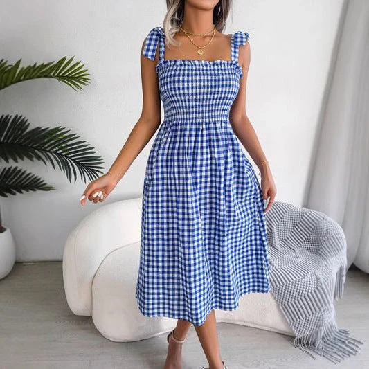 Ladies Midi Dress – Slim Fit – Checked Print – Smocked Bodice – Tie Strap Shoulders - Image 4